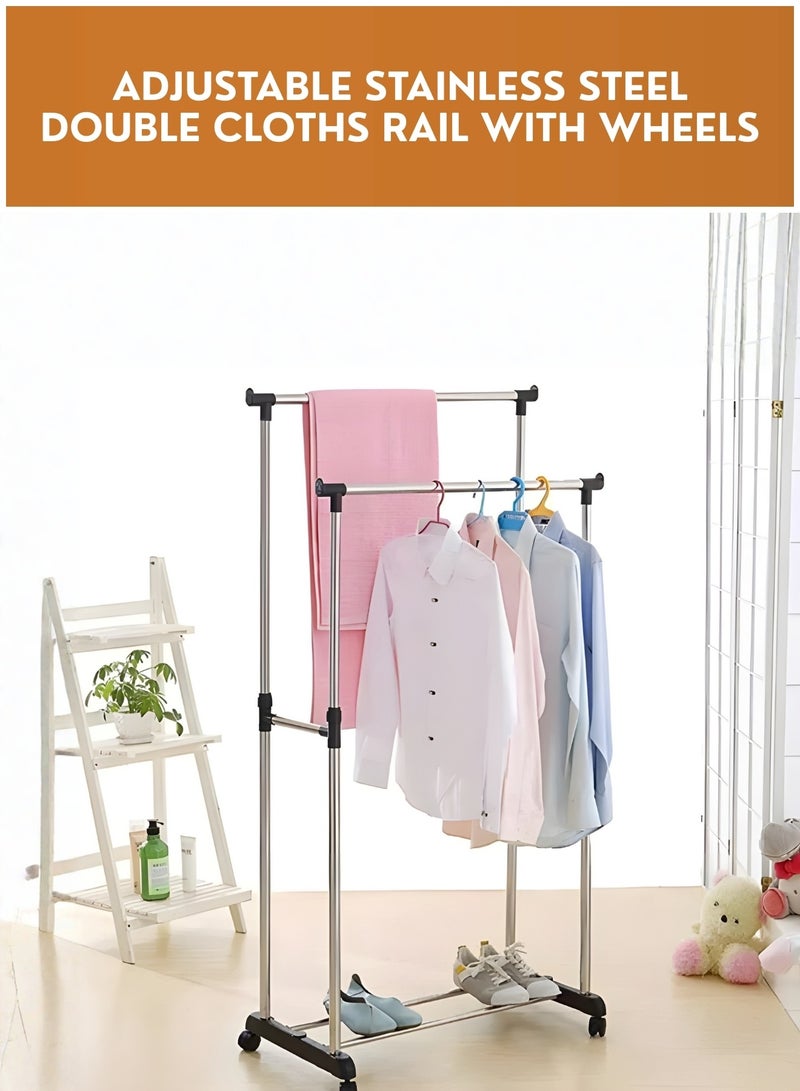 JUNI Portable Double Rail Clothes Rack with Wheels, Stainless Steel Foldable Garment and Laundry Rack, Adjustable Hanging Stand for Indoor & Outdoor Use, Rolling Clothing & Display Rack - Image 2